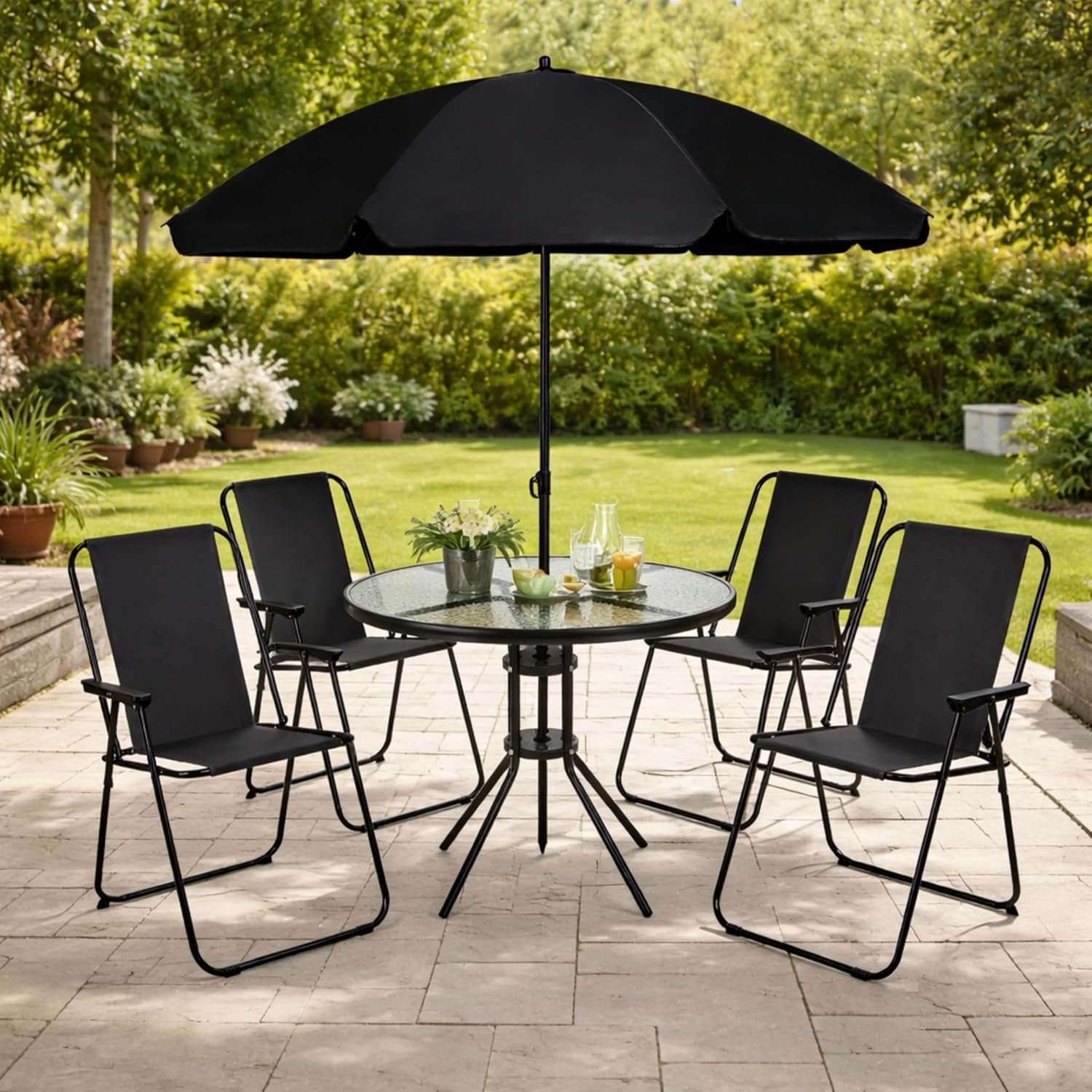 Garden Mile 4 Seater Patio Dining Set with Parasol Garden Table and Chairs Set with 4 Foldable Chairs, Outdoor Dining Furniture with Tempered Glass Table Balcony Garden Furniture (Black)