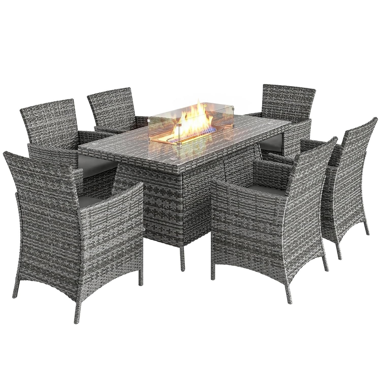Outsunny 7 Pieces Outdoor Rattan Garden Furniture with Fire Pit Table, 6 Seater Garden Table and Chairs with Cushions, Rattan Dining Set with Propane Heater Table, Windscreen, 50,000 BTU, Grey