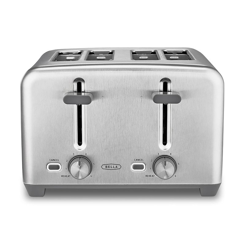 BELLA 4 Slice Toaster with Auto Shut Off - Extra Wide Slots and Removable Drop-Down Crumb Tray with Cancel and Reheat Function - For Texas Toast, Large Bread & Bagel, Stainless Steel
