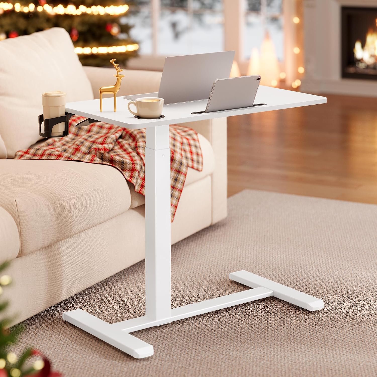 VASAGLE Overbed Table with Wheels, Small Standing Desk, 70 x 40 cm Tabletop, Adjustable Height, 2 Cup Holders, Phone and Tablet Slot, Cloud White LSD600W01