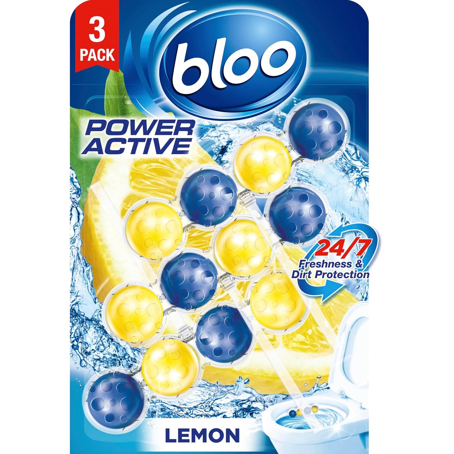 Bloo Power Active Toilet Rim Block Lemon, with Anti-Limescale, Cleaning Foam, Dirt Protection and Extra Freshness - Pack of 3 Rimblocks