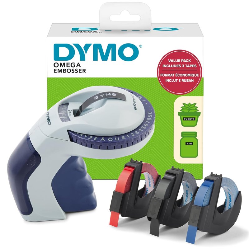 Dymo Embossing Label Maker with 3 Label Tapes | Omega Label Maker Starter Kit | SmallErgonomic Design with Turn Click Wheel | For HomeDIY & Crafting (£/€ÄÖ & Ü)