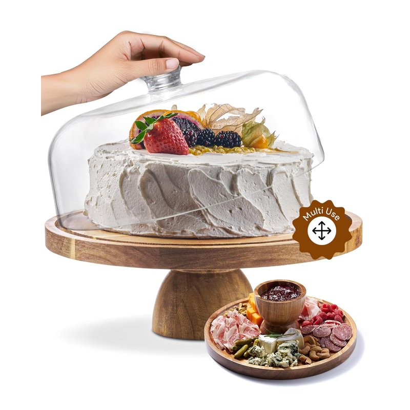 Homesphere Acacia Wood Cake Stand with Lid - 12in Round Dessert Table Display, 2-in-1 Holder for Cheese, Chips & Dips, Nachos, Fruit Platter, Large Acrylic Cake Dome Cover