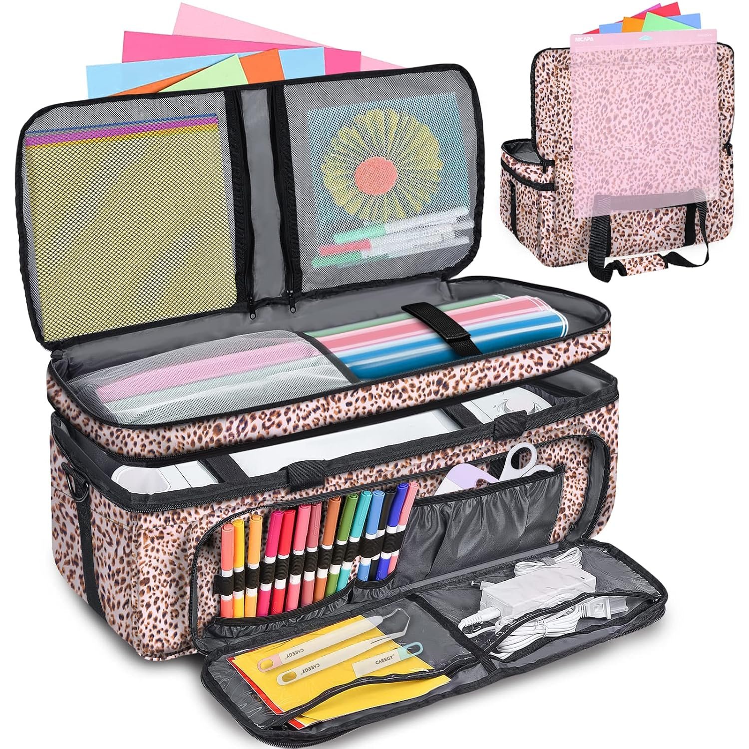 IMAGINING Carrying Case for Cricut Maker, Double-Layer Bag Machine with Cover and Cutting Mat Pocket Compatible Explore Air, Organization Storage Bags, Accessories, Leopard