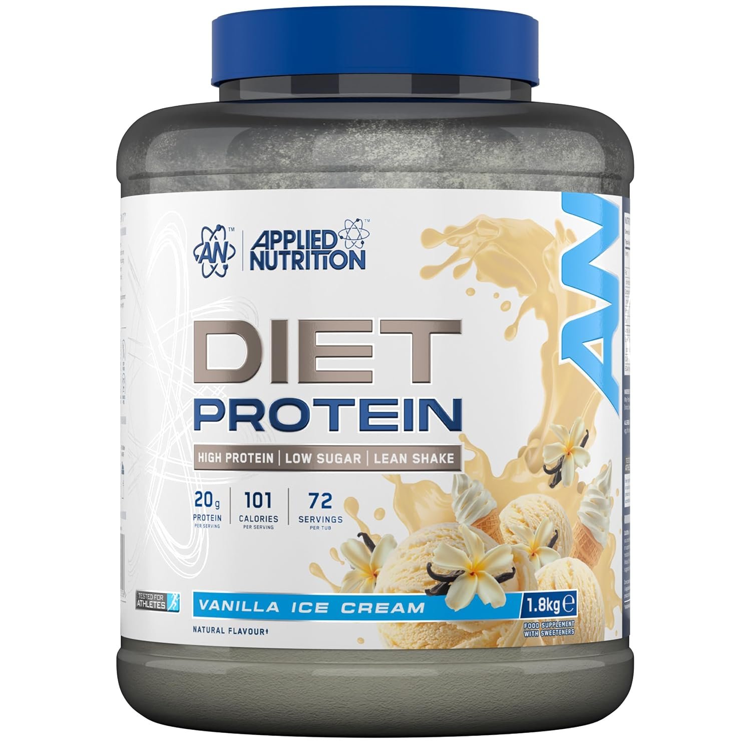 Applied Nutrition Diet Whey - High Protein Powder Supplement, Low Carb & Sugar, for Weight Management with CLA, L Carnitine, Green Tea (1.8kg - 72 Servings) (Vanilla)