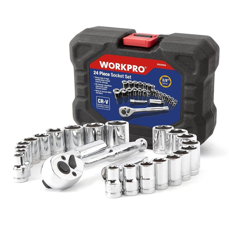 WORKPRO 24PC Socket Set 3/8" Ratchet Drive Sockets Wrench, 11pc Metric & 10pc SAE Sockets, Extension Bar Spark Plug Rachet Set Spanners with Blow Molded Case