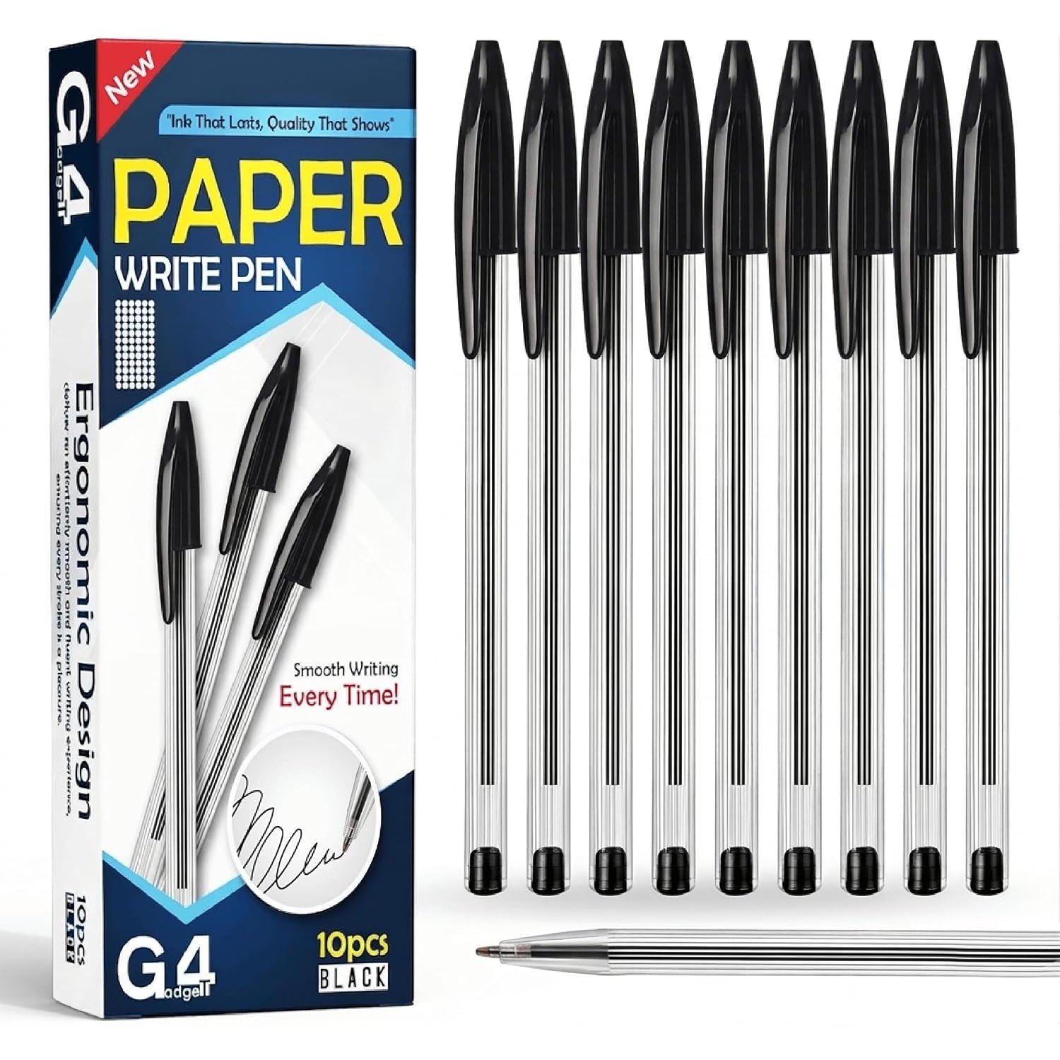 G4GADGET Premium Pack of 10 Black Biro Ballpoint Pens - Medium Tip for Fluent, Smooth Writing - Professional Quality Pens for Home, Office, and School Use - Long-Lasting Ink and Ergonomic Design