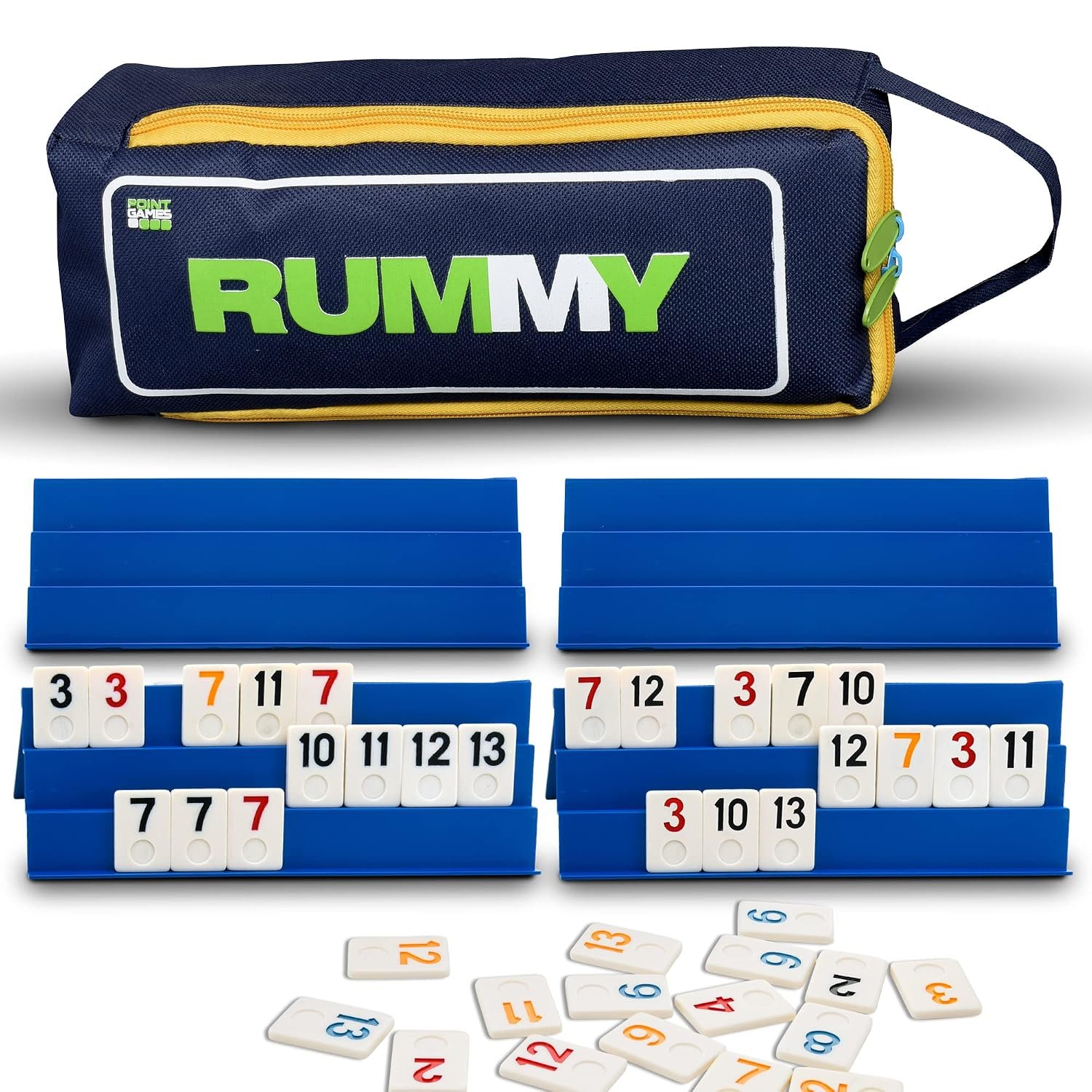 Point Games Classic Rummy Game Set – Includes 106 Standard Tiles (1.5” X 1”), Four 3-Tier Racks with Durable Travel Bag – Tile-Based Games for 4 Players