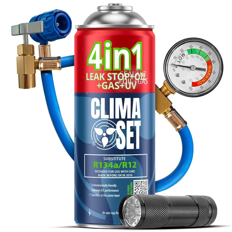 CLIMASET - Full KIT AC R134a 4in1, Gas Replacement, For cars 1994-2016 - Air conditioning solution, Standalone application - Complete set - Sealant, UV Colorant, Refrigerant - with Cable and UV Lamp