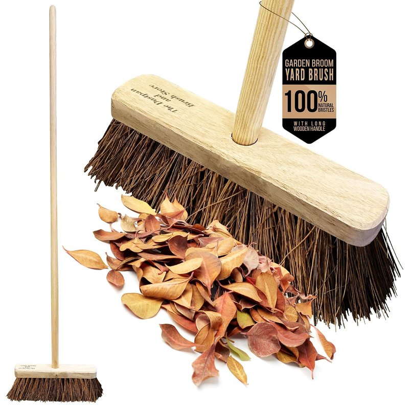10” Garden Broom Outdoor with Wooden Handle Natural Stiff Bassine Hard Bristle Broom Yard Brush Heavy Duty Outdoor Stiff Sweeping Yard Brush