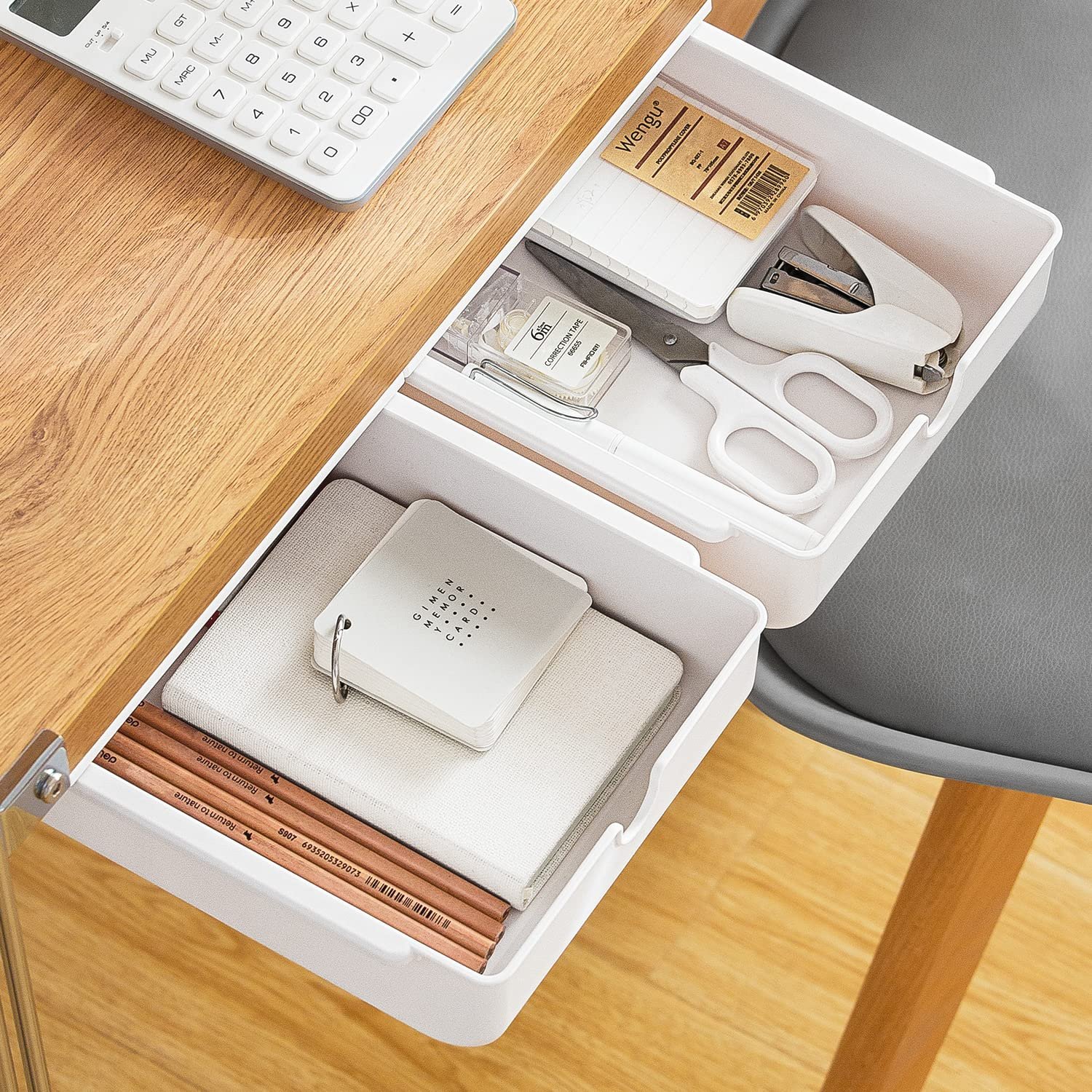 FRETONBA Under Desk Drawer 2 Pcs, White Hidden Organizer, Self-adhesive Under Table Storage, Under Desk Tray for Office and Vanity, Mini