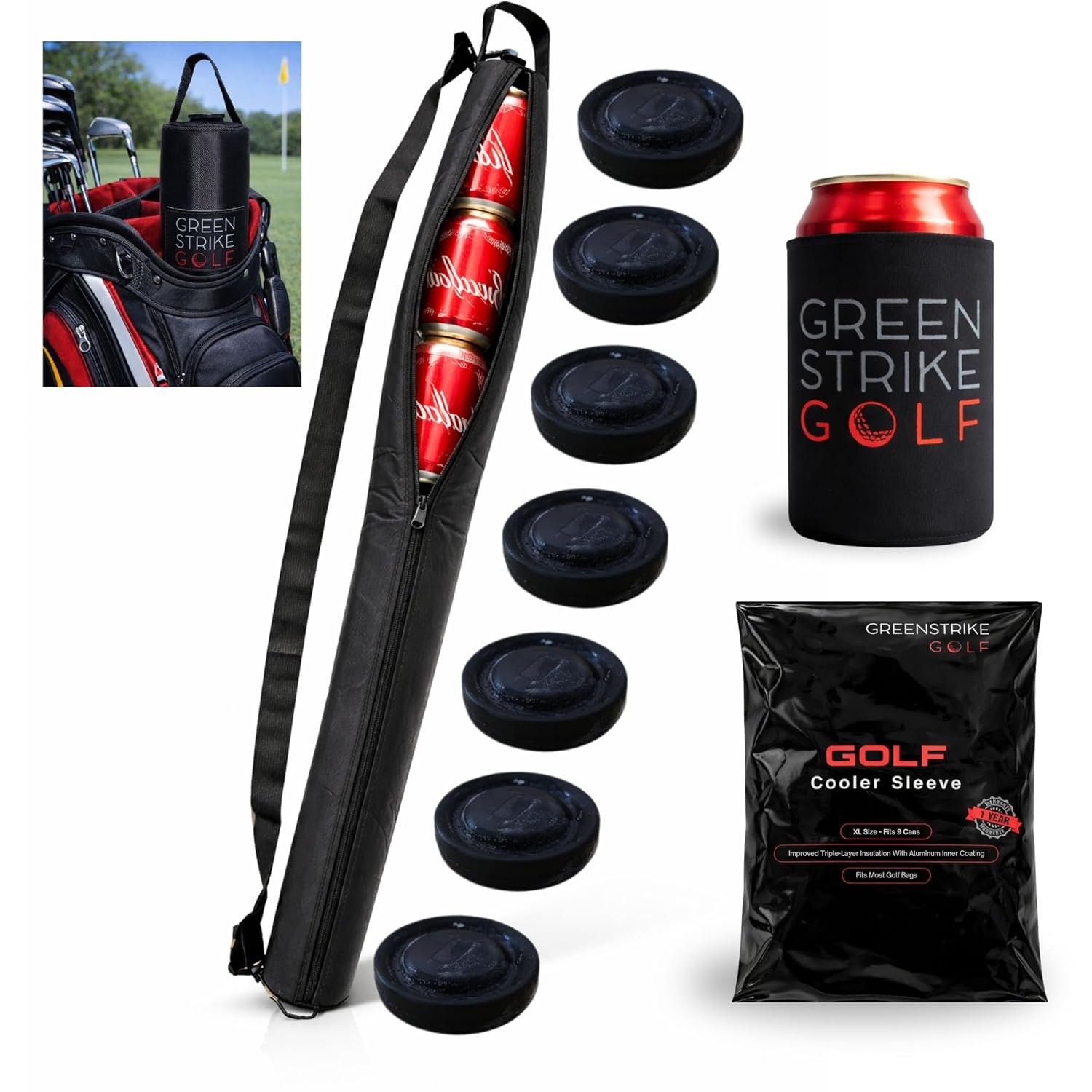 Wolvio Golf Beer Cooler Sleeve for Golf Bag – XL 9-Can with 7 Reusable Ice Packs | Insulated Drinks Cooler Keeps Cans Cold 8 Hours | Golf Accessories for Men - Includes Neoprene Can Sleeve
