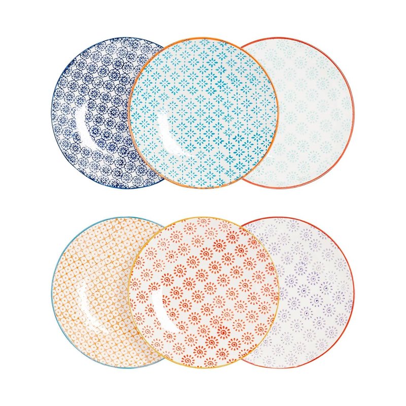 Nicola Spring Hand-Printed Side Plates - 18cm - 6 Colours - Pack of 6 - Porcelain Decorative Patterned Dining Dish Plates for Snacks, Starters, Dinner, Dessert