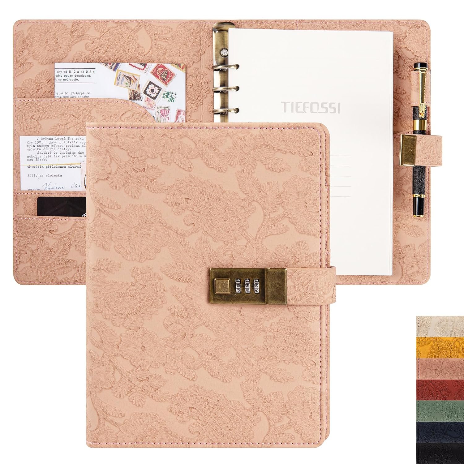 TIEFOSSI Vintage 6 Rings Binder Journal Notebook with Lock, A5 Hardcover Flower Secret Password Diary, Refillable Ruled Writing Paper for Women (Pink)