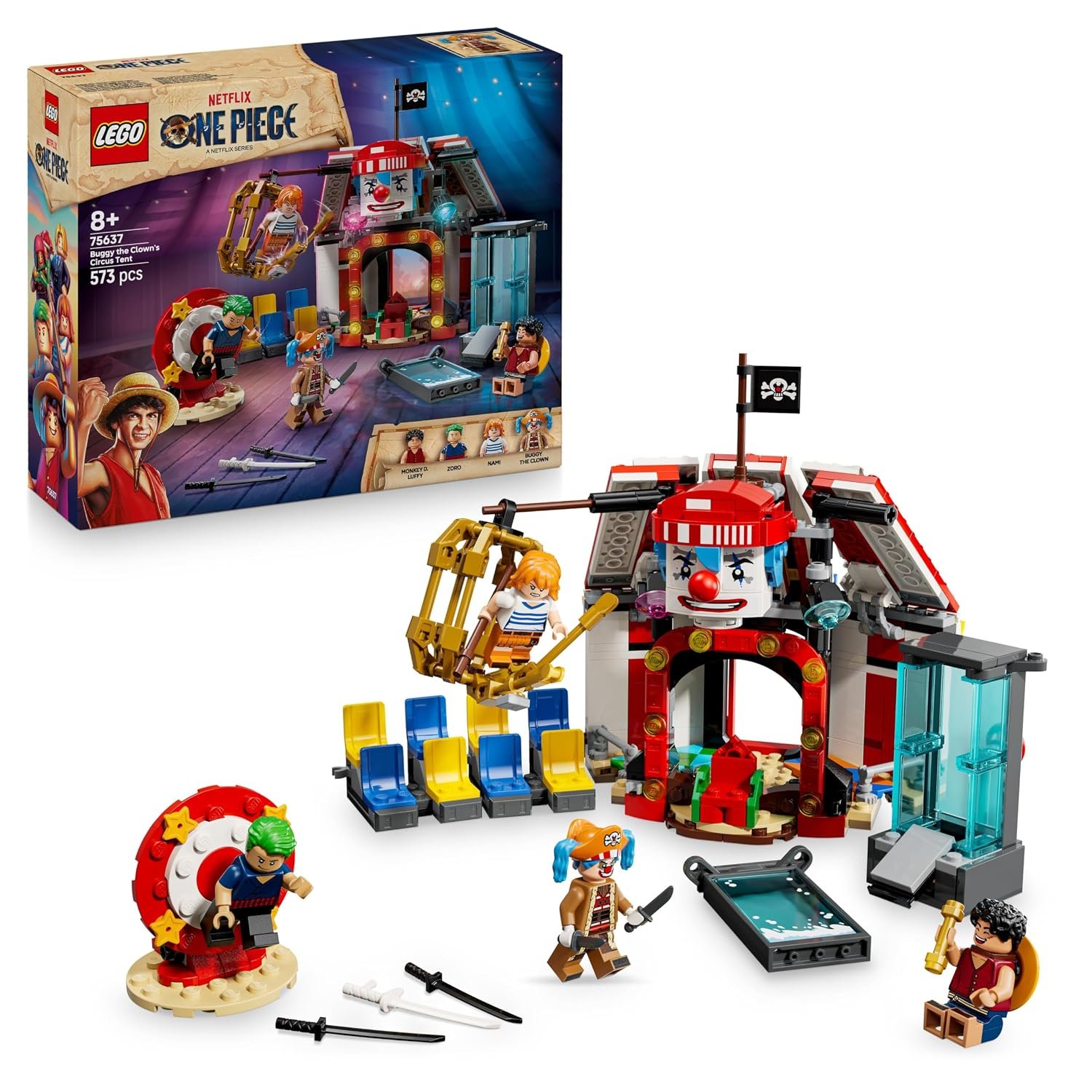 LEGO ONE PIECE Buggy the Clown's Circus Tent - Interactive Toy with 4 Minifigures incl. Luffy, Nami & Zoro, plus 2 Wanted Posters - Anime Gift for 8+ Year Old Boys, Girls & Fans - 75637