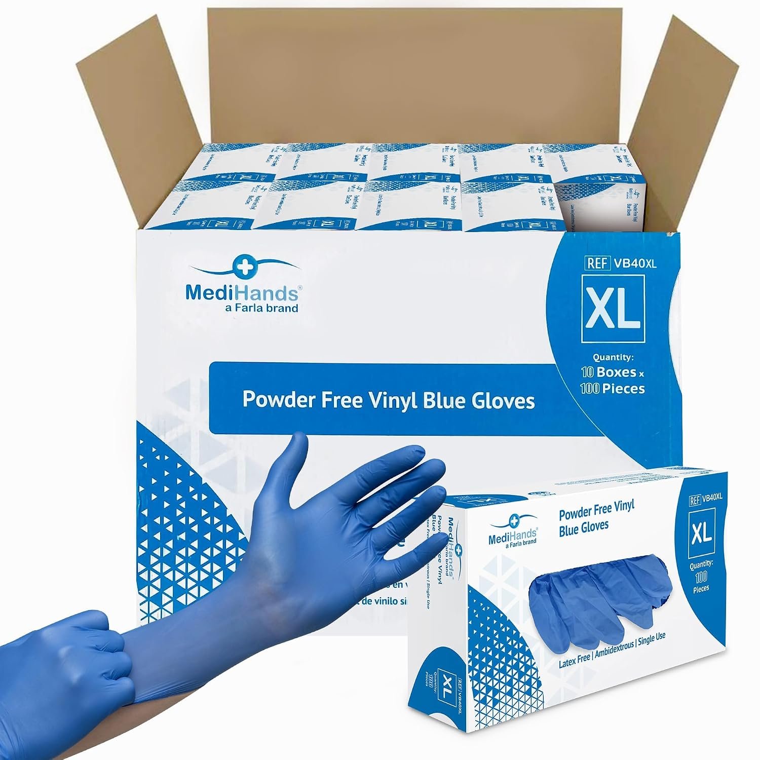 MediHands Vinyl Blue Vinyl Examination Gloves - Case of 1000 Disposable, Powder-Free, Latex-Free, Protein-Free Medical Gloves - Multi-Purpose, Single-Use