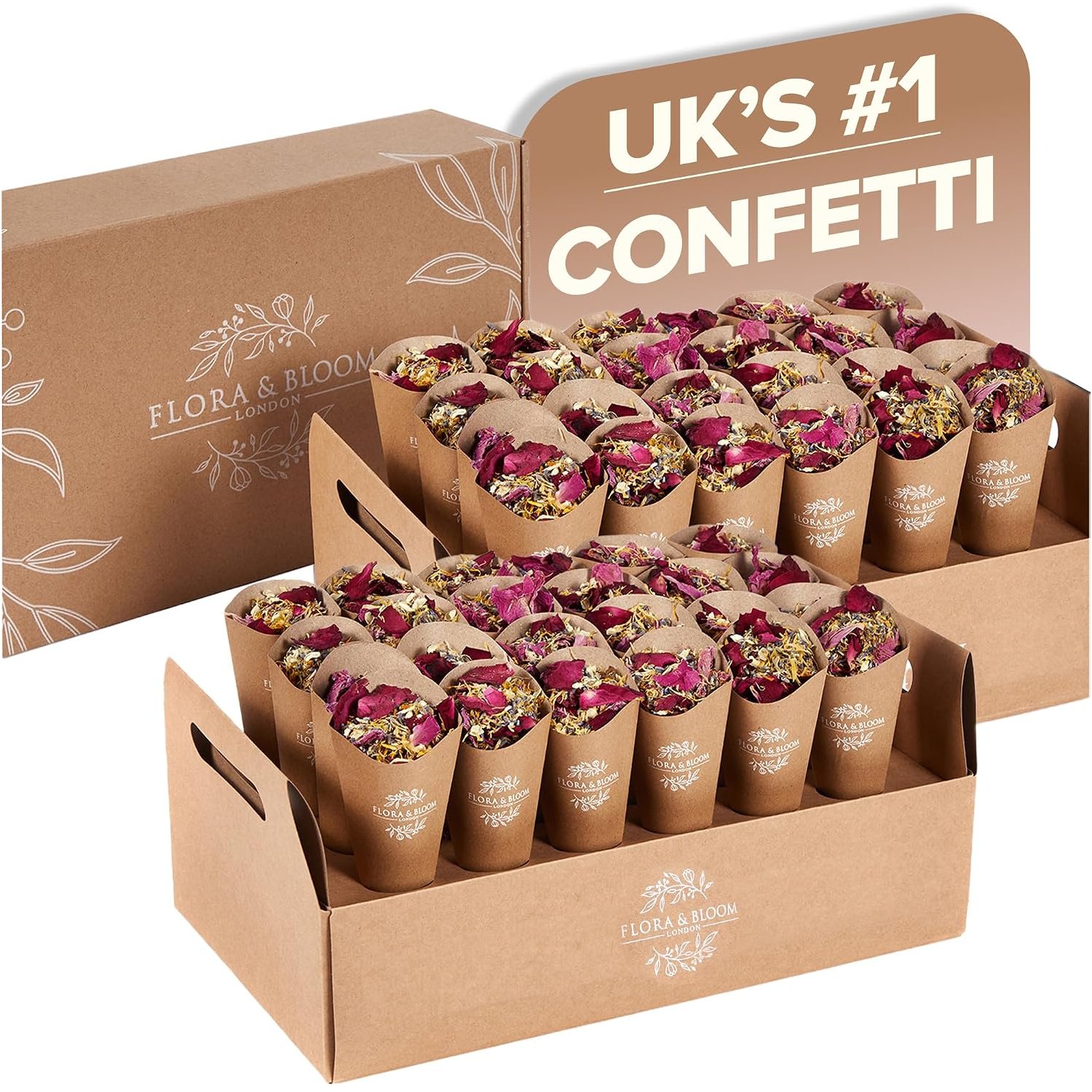 Flora & Bloom Biodegradable Confetti | Wedding Petal Confetti With Pre-Built Cones & Tray (6 Litres) | Dried Jasmine Lavender & Rose Petals | Natural Flower Confetti Kit Decorations | 48 Guests