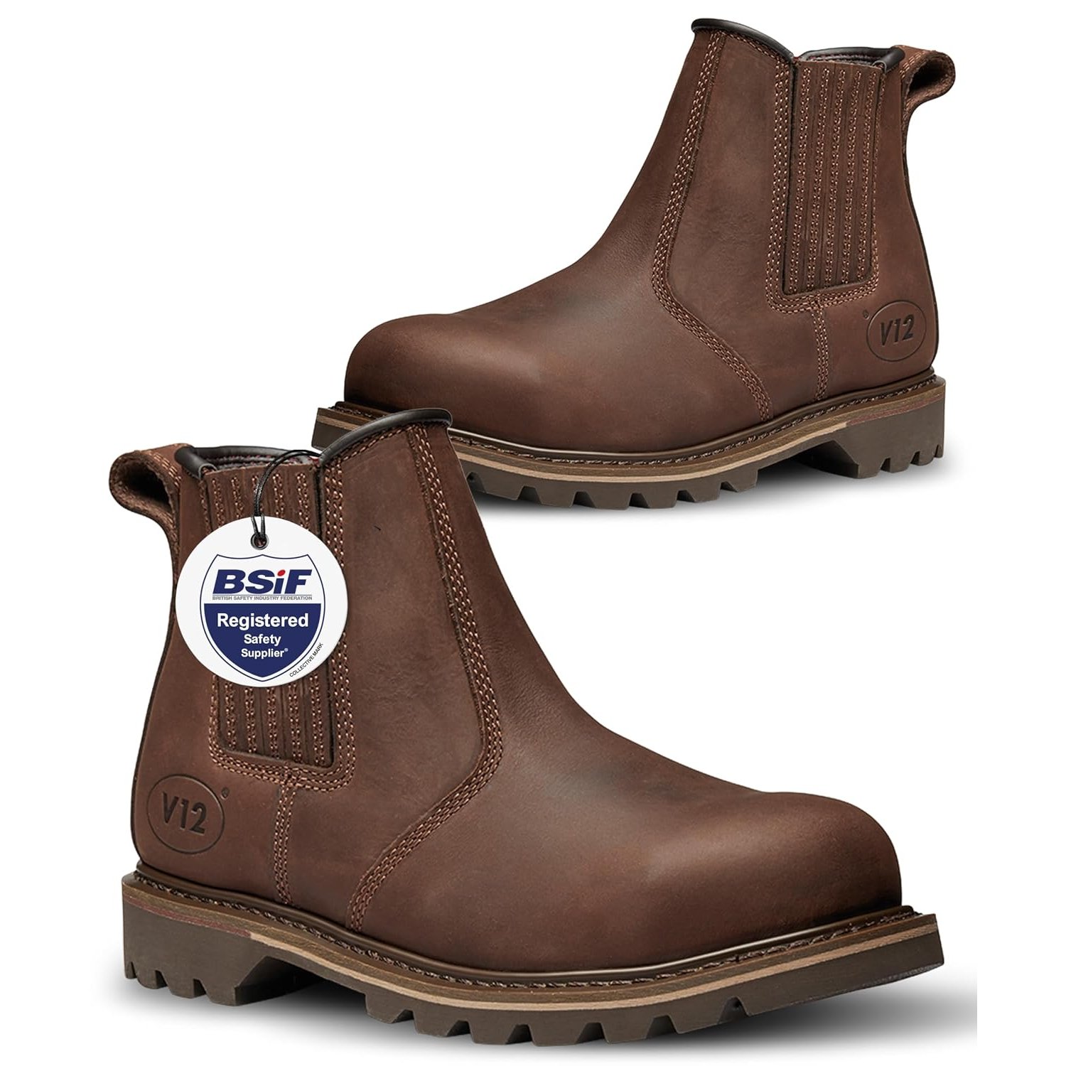 V12 Rawhide Chelsea Boots for Men - Steel Toe Cap Boots with Heat-Resistant Sole & Pierce-Resistant Midsole - Brown, Size UK 10