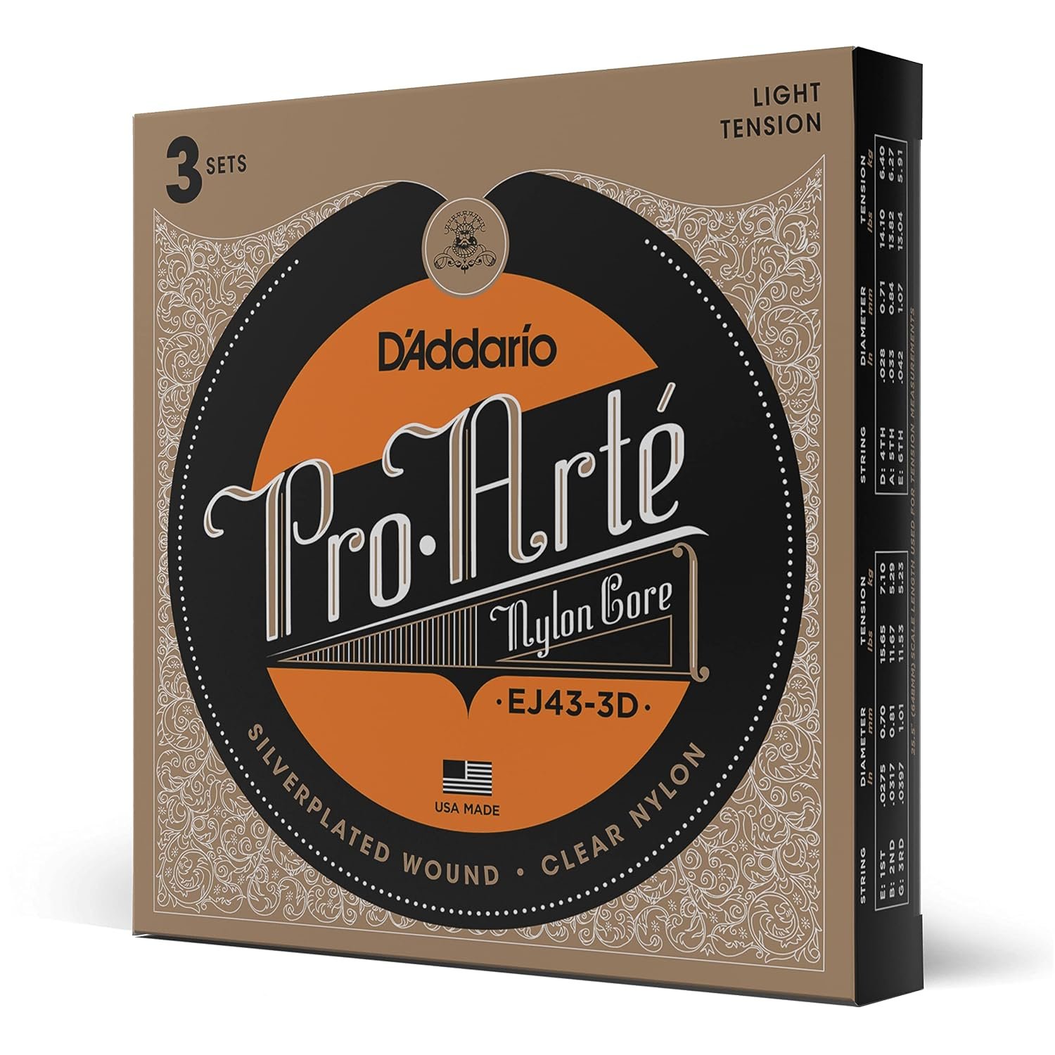 D'Addario Pro Arté Nylon Classical Guitar Strings, EJ43-3D, Light Tension, 6-String Set, Pack of 3