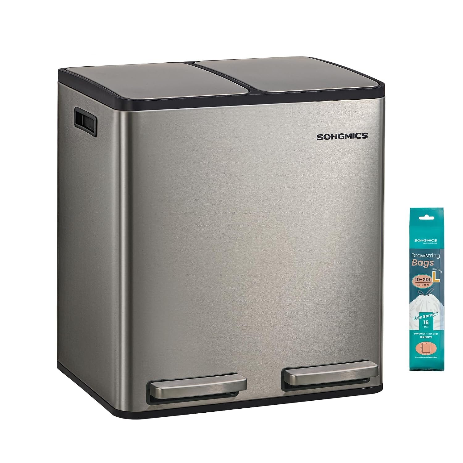 SONGMICS 2 x 4 Gallon (2 x 15 L) Kitchen Bin, 2-Compartment Recycling Bin with 15 Rubbish Bags, Removable Inner Buckets, Lid, Handles, Soft Close, Stainless Steel, Silver LTB130EZ01