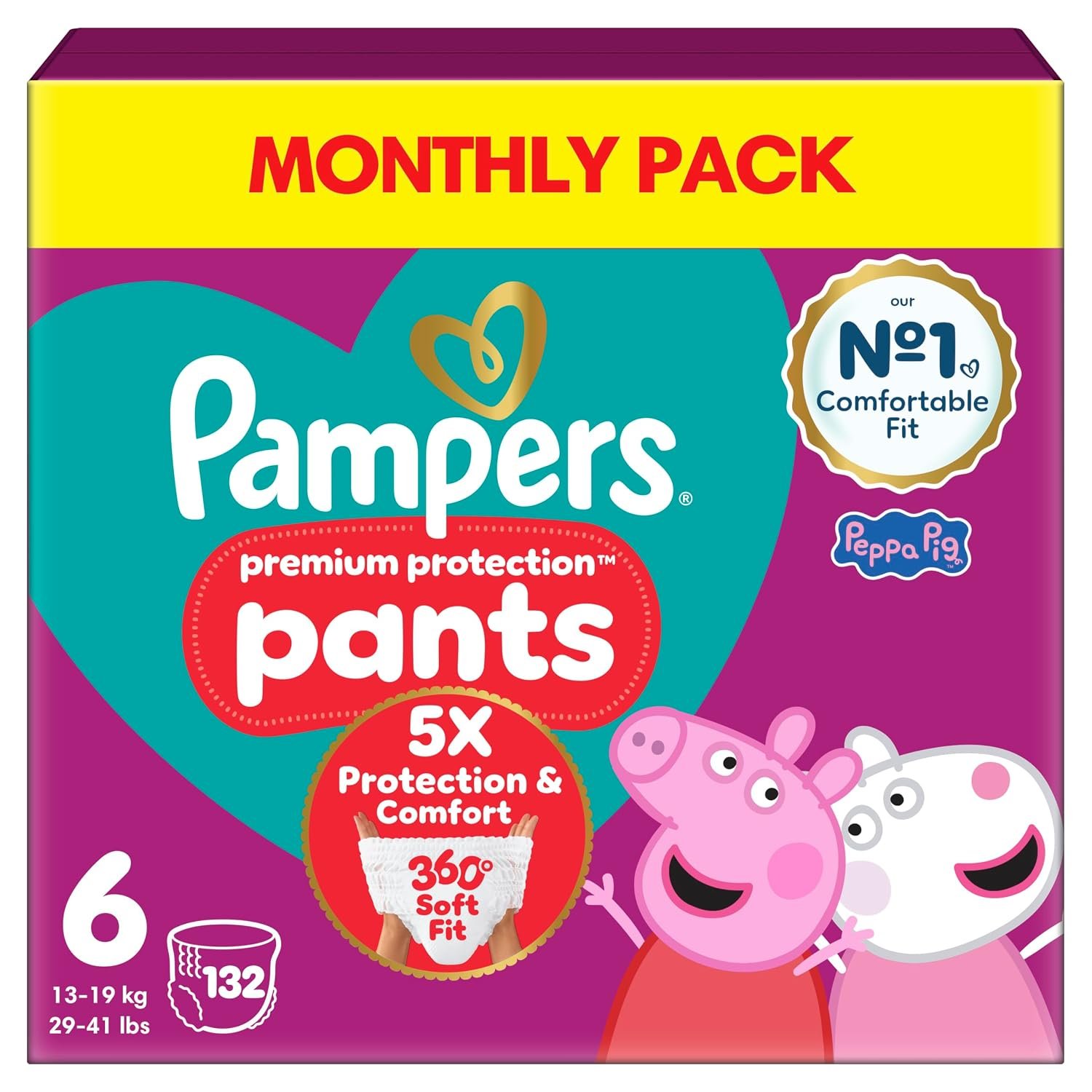 Pampers Premium Protection Nappy Pants Size 6, 132 Nappies, 13kg-19kg, Monthly Pack + Pampers Harmonie Aqua Baby Wipes 1 pack of 10 Wipes