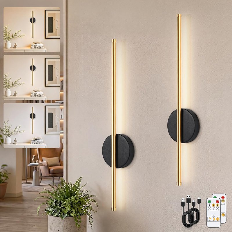 Kimjo 60cm Battery Operated Wall Lights, Rechargeable Wall Lamps with Timer Function, Wireless Wall Sconce with Dimming Function, Black and Gold Wall Mounted Lights with Remote Control, 2 Packs