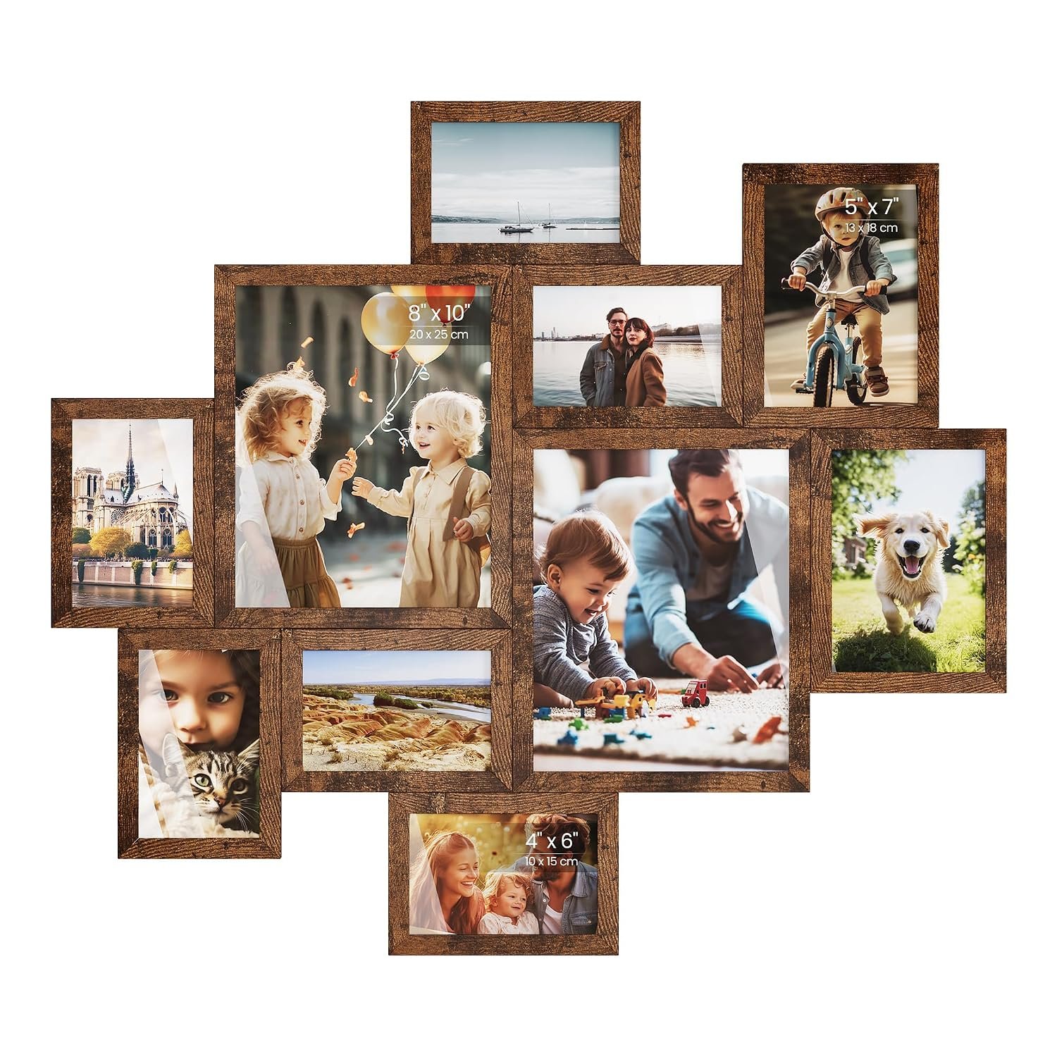 SONGMICS Collage Photo Frames, 10 Multi Picture Frames for Wall, Two 8x10 Inches (20 x 25 cm), Four 5x7 Inches (13 x 18 cm), Four 4x6 Inches (10 x 15 cm), Tool-Free Assembly, Rustic Brown RPF100MZ01