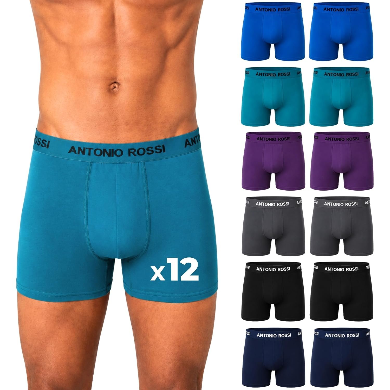 ANTONIO ROSSI Mens Boxers 12 Pack, Cotton Boxer Shorts Multipack, Breathable Mens Underwear, Comfortable, Stretch Fit Mens Briefs for Everyday Wear, S-5XL