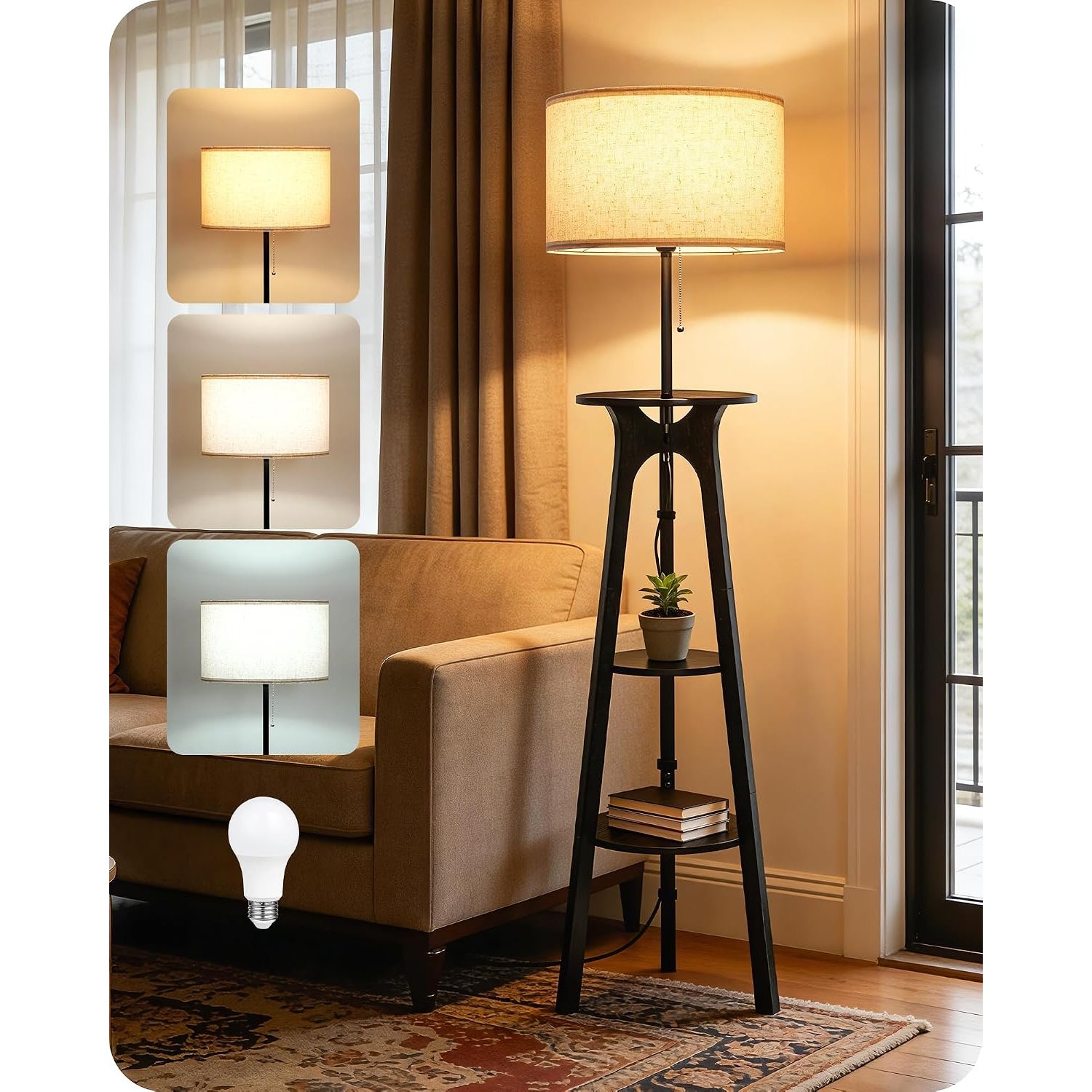 GOEBLESON Floor Lamp, Corner Floor Lamp, Floor Lamp with 3 Shelves, Wood Tripod Floor Lamp with Linen Lampshade, for Living Room, Bedroom, Study, and Office, Beige and Black ZBE25LDK05