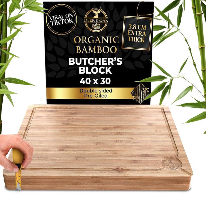 Deer & Oak Premium Butchers Block (40 x 30 x 4cm) Extra Thick - Large Wooden Chopping Board - Chopping Board Wood - Wooden Cutting Board - Butchers Block Chopping Board - Wood Chopping Boards