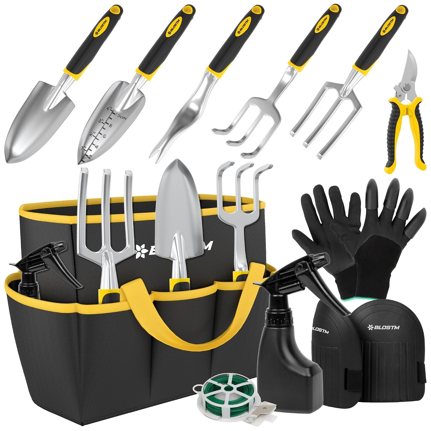 BLOSTM Gardening Tools Set 11 PCS - Heavy Duty Garden Tools Kit with Waterproof Tote Bag - Rust Proof Garden Trowel Set with Ergonomic Handles - Gardening Gifts for Men & Women (Yellow/Black)