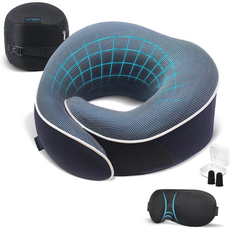 Proglobe Travel Pillow, Memory Foam Neck Pillow Set, Orthopedic Pillow, Travel Essentials for Flying, Kit with 3D Contoured Sleep Mask, Earplugs and Luxury Mesh Bag (Blue)
