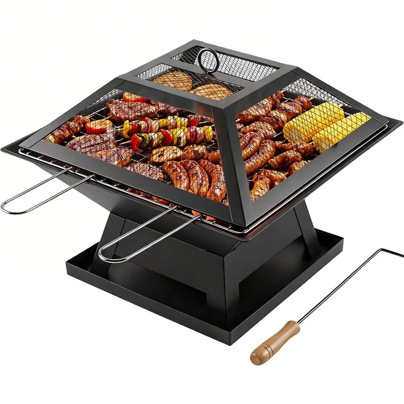 Square Fire Pit with BBQ Grill, Metal Fire Pit BBQ with Mesh Lid & Poker, Outdoor Garden Patio Heater Firepit, Sturdy and Durable Iron Construction - Great for Camping, Picnics or the Garden