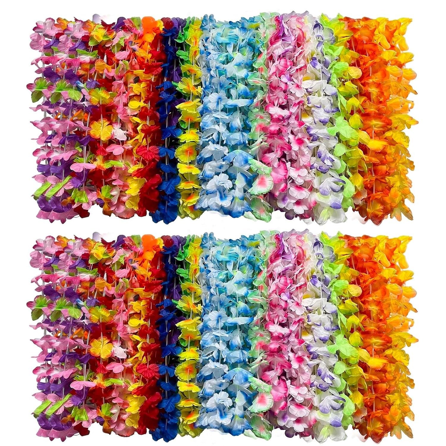 Bszatan 100 PCS Hawaiian Flower Garlands, Hawaiian Leis Bulk, Tropical Silk Flower Lei Hawaiian Necklace Lei for Beach Luau Party Favors Decoration Birthday Party Supplies