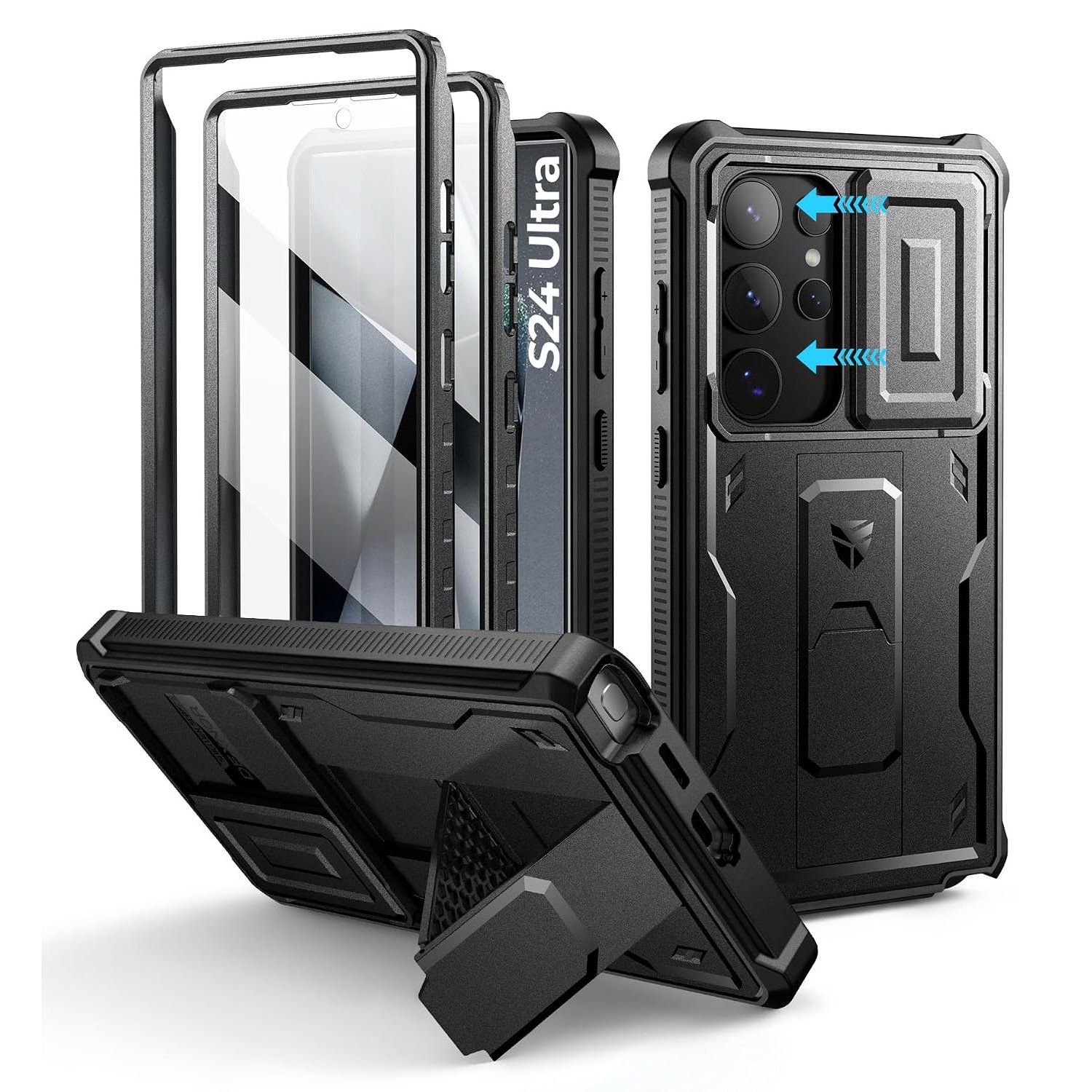 Dexnor for Samsung Galaxy S24 Ultra Case with Built-in Slide Camera Cover & Screen Protector & Kickstand, Heavy-Duty Shockproof Rugged Case Full-Body Bumper Protective Cover for S24 Ultra - Black