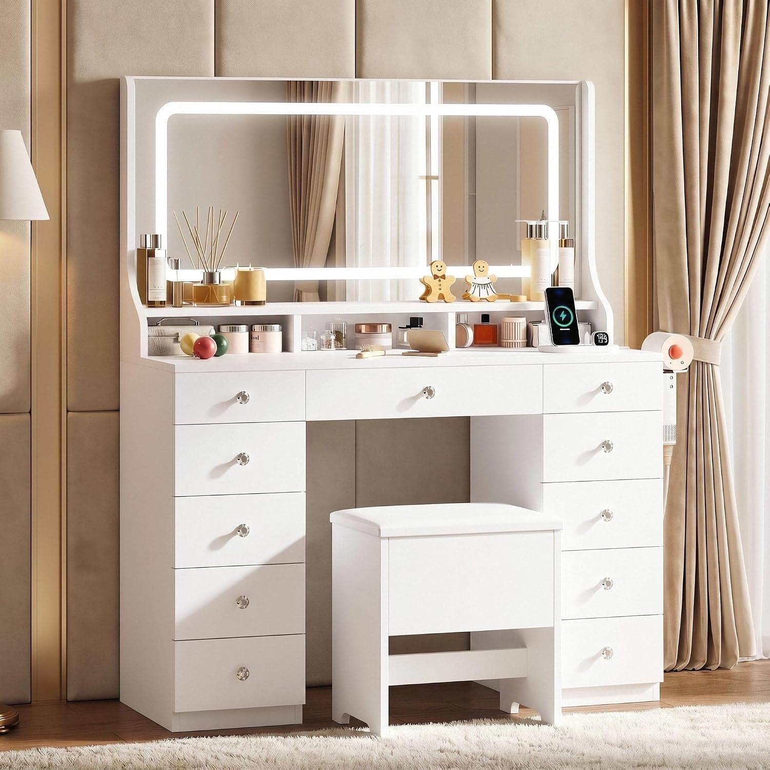 IRONCK Dressing Table with Mirror and Stool, Vanity Desk with Power Outlet & Hairdryer Holder, 11 Drawers Vanity Table with 3-Color LED Adjustable Brightness, White Dressing Table for Bedroom