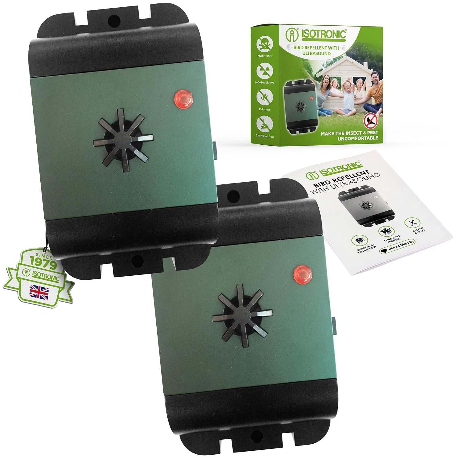ISOTRONIC Ultrasonic Bird Repeller, Battery Powered Mobile for Balcony Roof Gutter Window, Fruit Tree, Test Winner, 2 Pieces Included