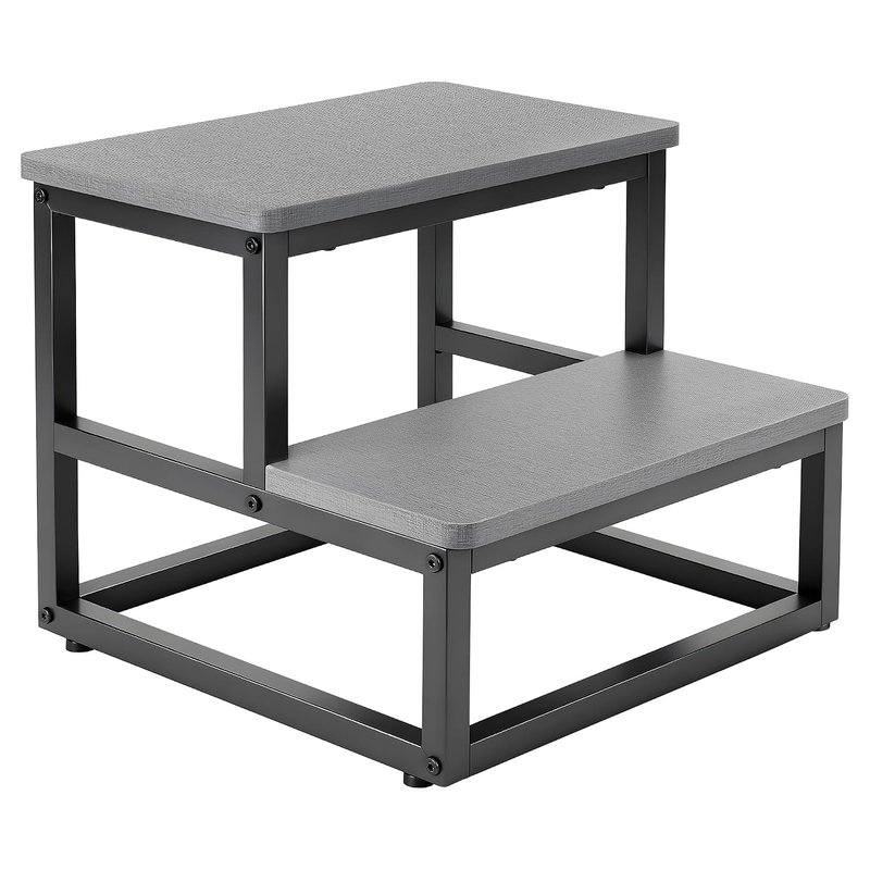 Step Stools for Adults Kids, Heavy Duty 2 Step Stool with 500 Lbs Capacity Non-Slip Feet and Rounded Edges Wooden Foot Stool for High Bed Kitchen Bathroom RV Outdoor (Grey)