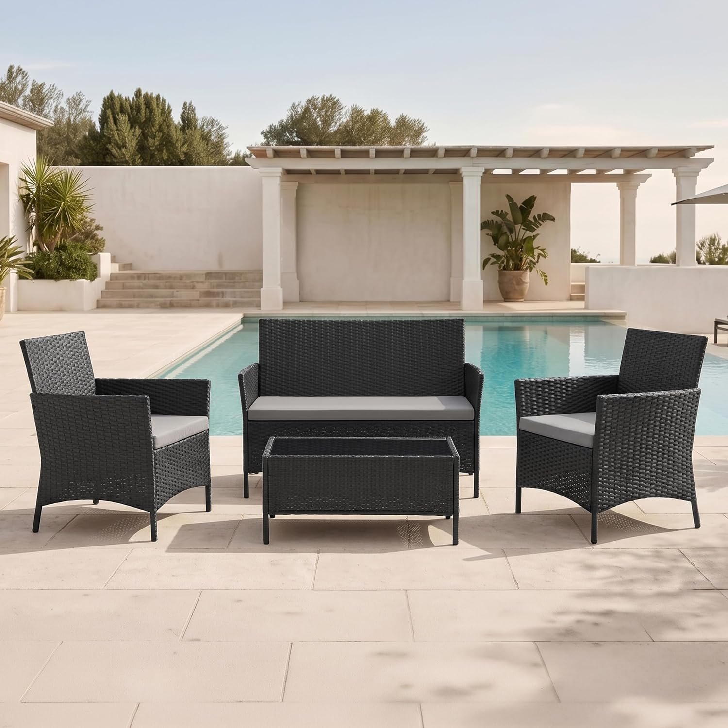 EVRE Black Rattan Garden Furniture Set Patio Conservatory Balcony Indoor Outdoor 4 Seater Piece Glass Top Coffee Table Modular Sofa Loveseat with Cushions