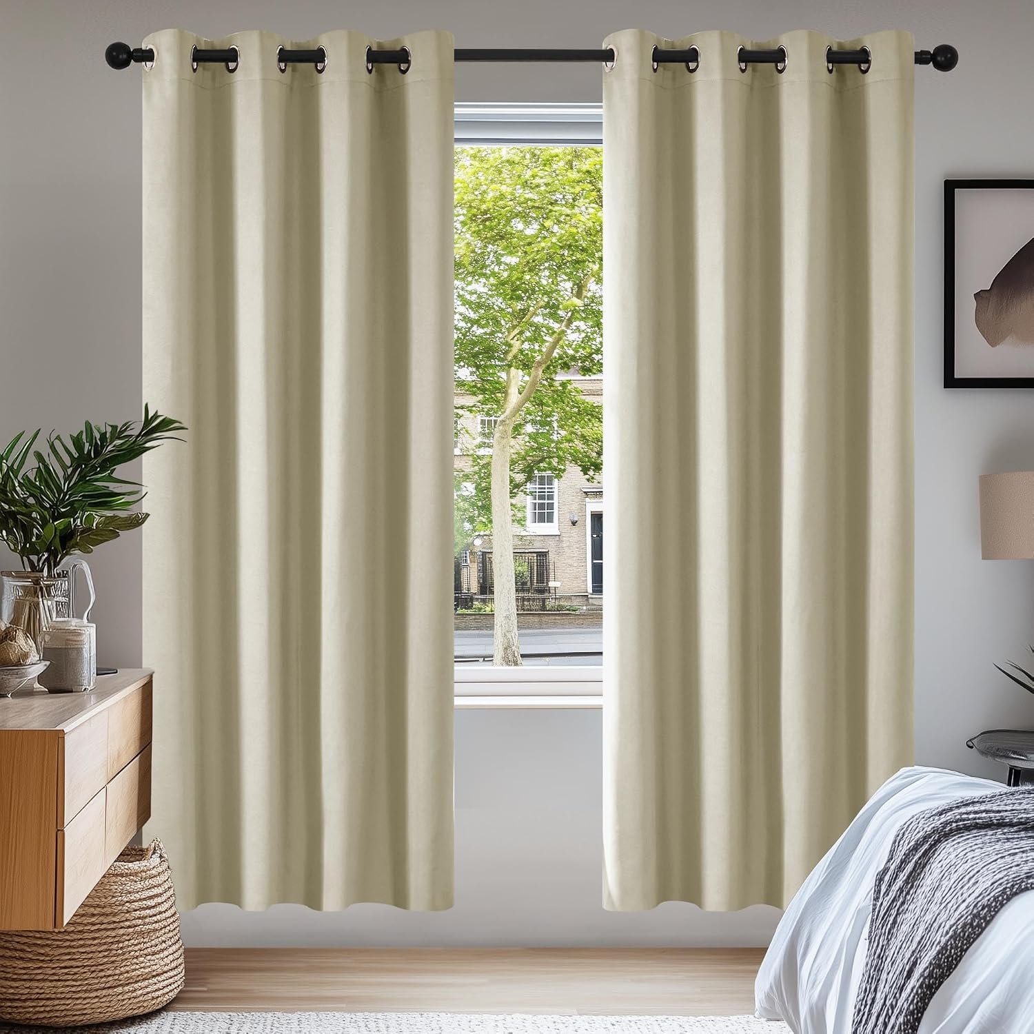Deconovo Super Soft Ring Top Thermal Insulated Room Darkening Curtains for Bedroom Eyelet 55x82 Inch 2 Panels Beige