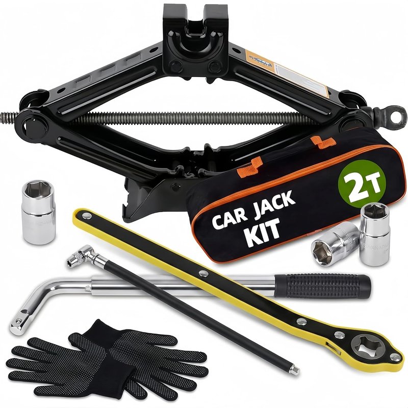 2 Tonne Scissor Jack Kit for Car SUV Universal Tyre Change Tool Set with Ratchet Wrench, Lug Nut Wrench (17/19/21/23mm), Gloves & Bag, Emergency Roadside Recovery Lifting Kit for Vehicle Van