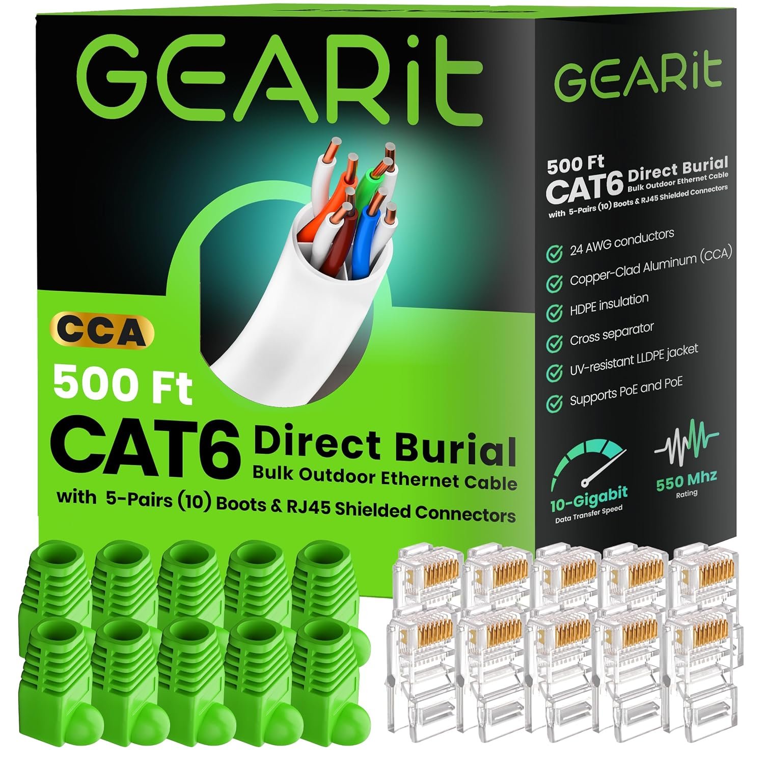 GEARit RJ45 Cat-6 Ethernet Patch Cable, DIY Bulk Kit (10 RJ45 & 10 Boot), 10Gpb Transfer Speed, Gold-Plated Connectors, Copper Clad, Outdoor, UV Resistant, Direct Burial, Waterproof, 500 Foot, Black