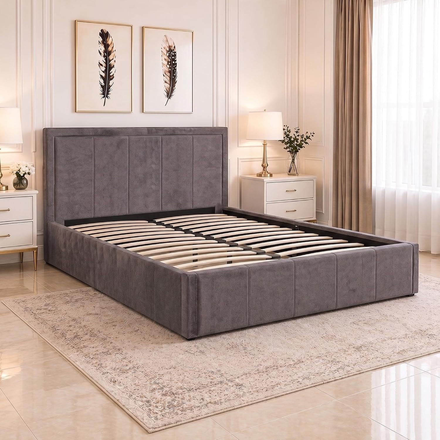 SANA SLEEP Ottoman Bed Frame - Fabric Storage Double Bed - Bed Frames in UK - Gas Lift Bed Base in Small Double King Super King Size - No Mattress (6FT Grey)