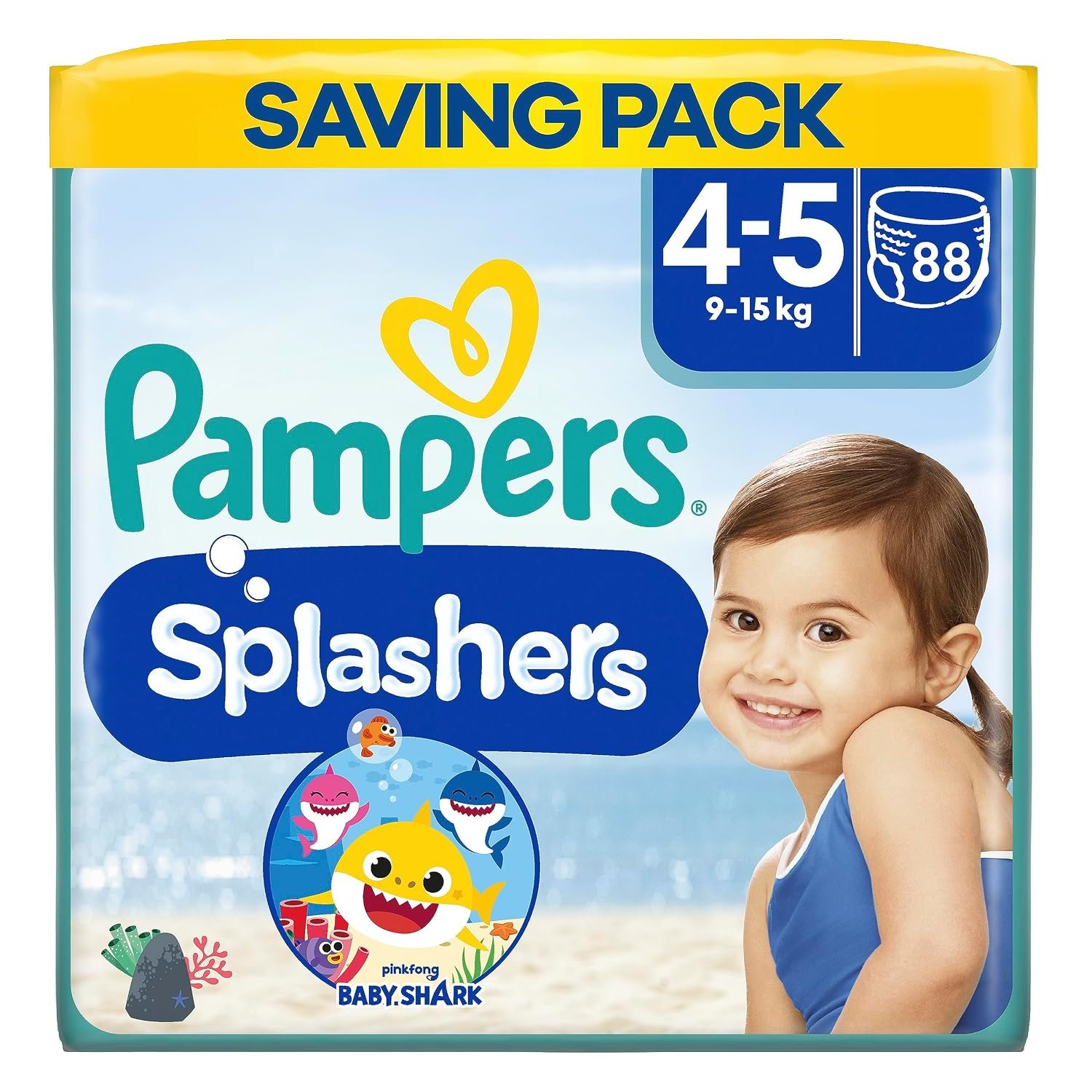 Pampers Splashers Baby Shark Edition Size 4, 88 Count, 9kg-15kg, Disposable Swim Nappy Pants, for Secure Protection in The Water