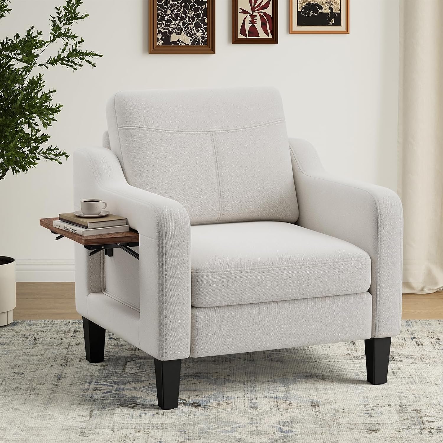 Arm Chairs for Living Room Set of 1, Accent Chair with Side Storage Pocket and Foldable Table, Fabric Armchairs with Thick Cushion, Anti-slip Solid Plastic Legs Single Sofa Chair for Bedroom, Beige