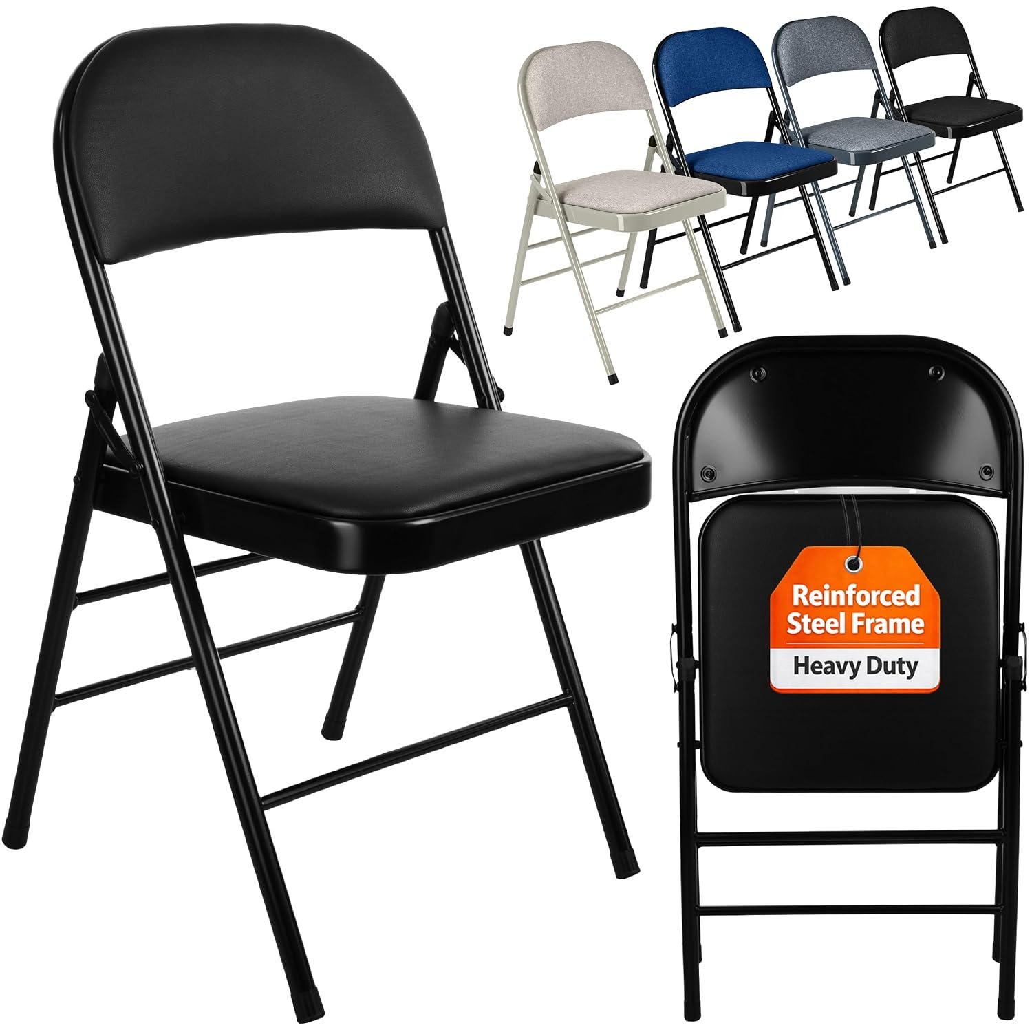 Nyxi Folding Chairs with Padded Paris Faux Leather Seats, Metal Frame, Foldable Chair Home Office Dinning, Multi-Purpose Indoor & Outdoor (Black Leather PVC, 1 X Chair)