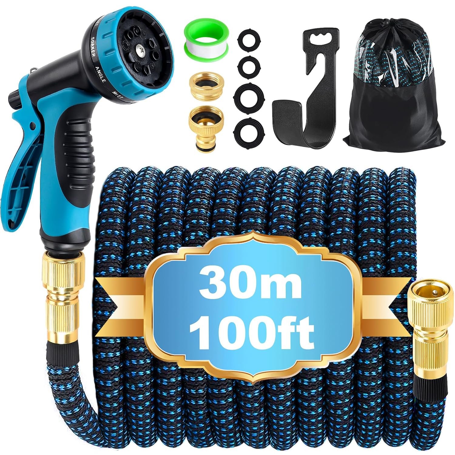 Expandable Garden Hose Pipe 30m 100ft, Hosepipes for Garden Water Hose with 10 Functions Spray Gun, 3/4" 1/2" Connector, Expanding Magic Hose Retractable Flexible Garden Hose for Gardening Car Washing