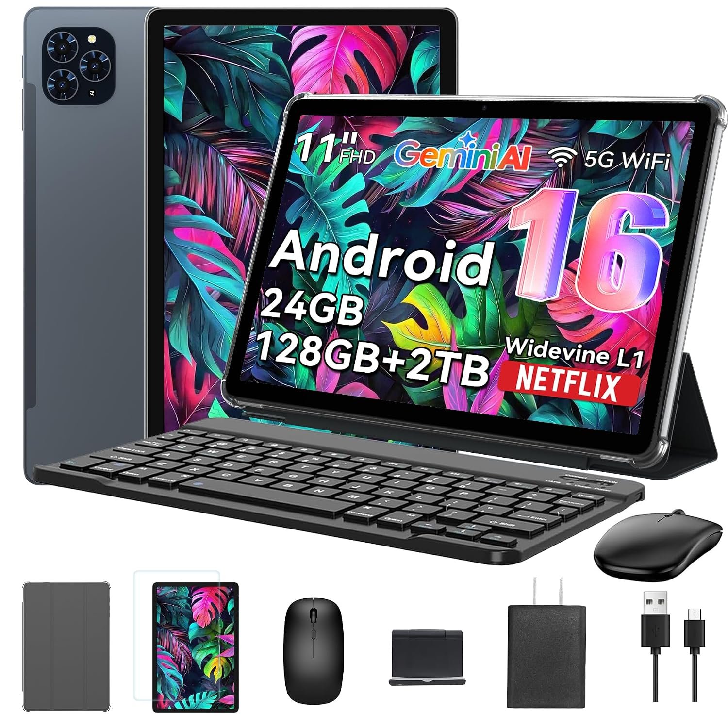 Tablet 2026 Android 16 Tablet with Gemini AI 3.1, 11 Inch FHD Display, 24GB RAM 128GB ROM/2TB TF, T7250 CPU + 13MP Camera, 8000mAh, Widevine L1, Tablet with Keyboard, Mouse, Gray, for Work and Study