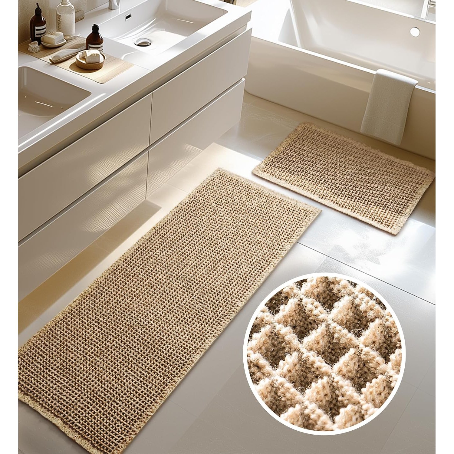 Furicher Large Waffle Bath Mat Set, Non Slip Bathroom Mat Set, Ultra Absorbent Bath Mats for Bathroom Decor, Extra Soft Floor Bathroom Rugs Sets 2 Piece, Washable Bath Mats (51×119cm and 41×61cm)