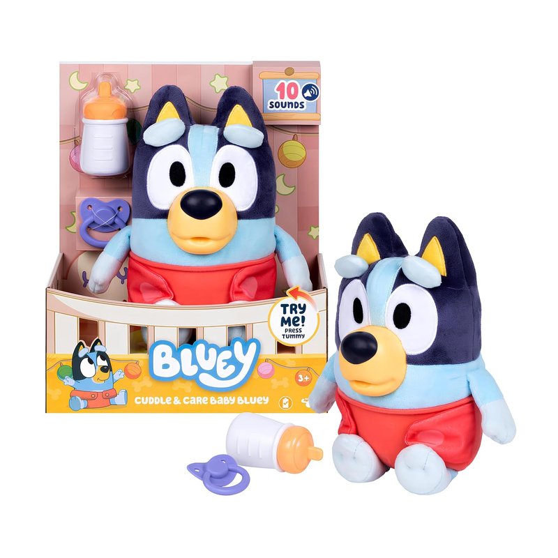 Bluey Cuddle And Care Baby, Nurture, Feed, and Soothe Baby, 28 CM Electronic Plush Toy With 10 Different Sounds, With 2 Accessories and Removable Diaper